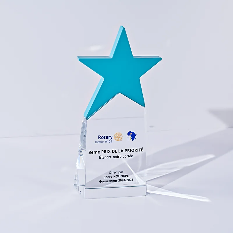 product new arrival custom crystal glass trophy and crystal award plaque personalized business souvenir with metal colorful star trophy-4