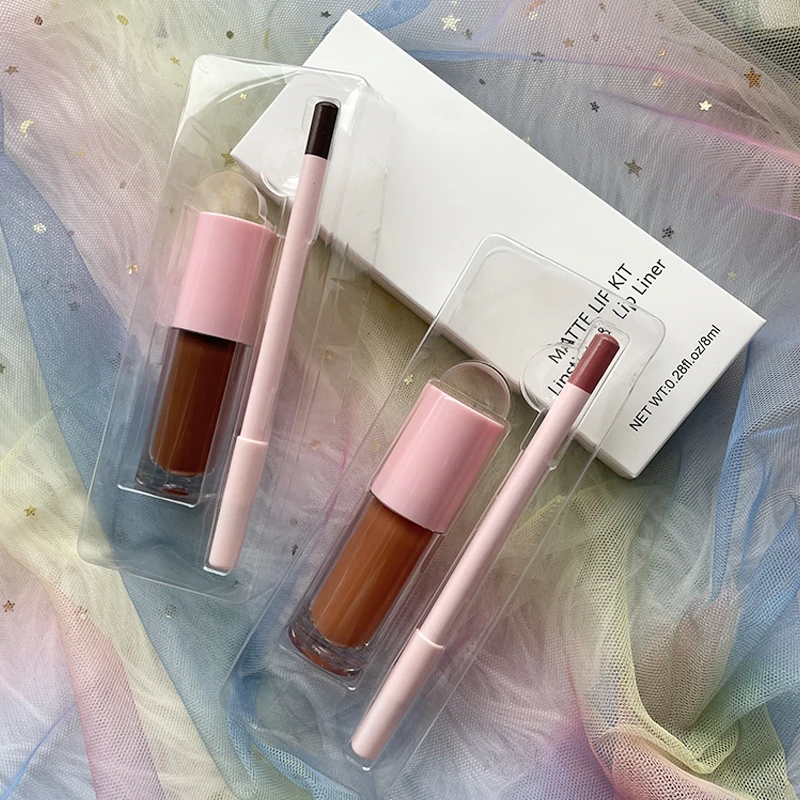 High Quality 2 in 1 Box Liquid Lipstick Lip Liner Kit Waterproof Long Lasting Custom Lip Gloss Lipliner Set Private Label
