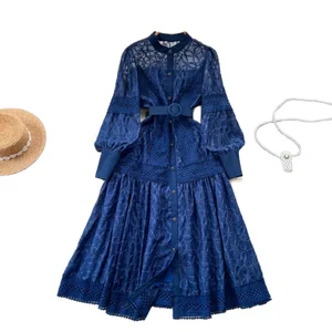 Customize Hot Sale Spring Fall Fashion Round Neck Lady Embroidered Lantern Sleeve Single Row Length Dress