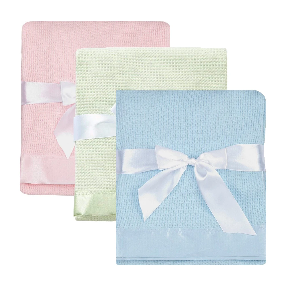 Wholesale Solid Color Thermal Waffle Weave Baby Blanket With Satin