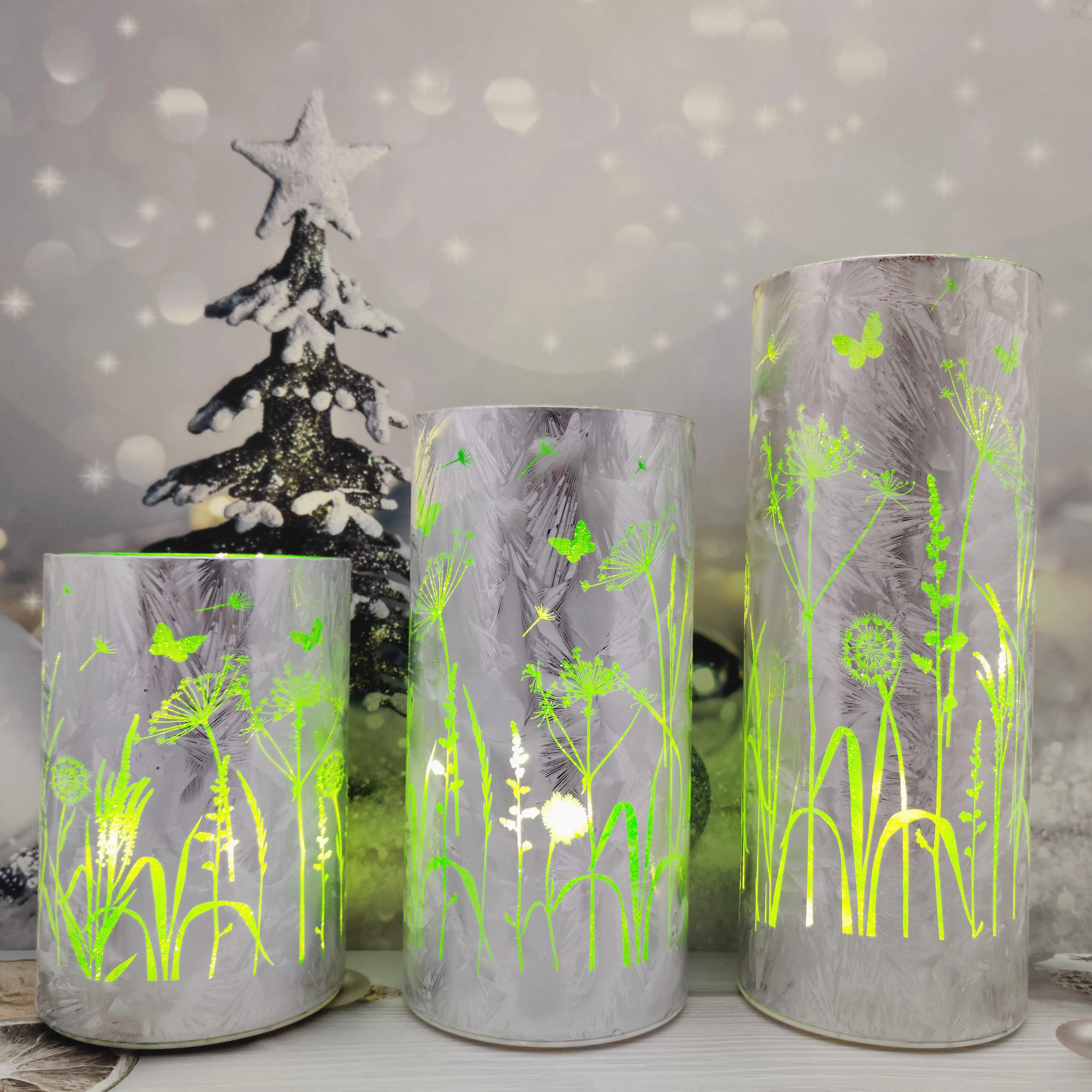 Battery operated led light up glass Christmas cylinder hurricane table decoration setting ideas details