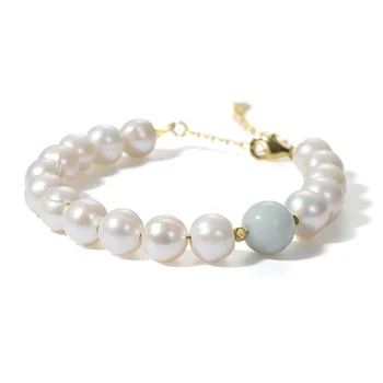 Handmade Freshwater Pearl and Amazonite Bracelet Gold Plated Sterling Silver Lobster Clasp with 2 Inches Extend Chain