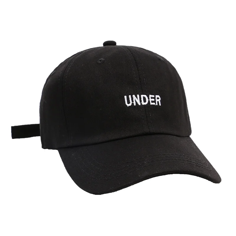 OEM hot sale metal buckle text embroidery logo curve brim custom twill cotton black dad hat 6 panel 