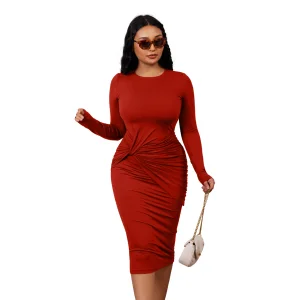 New Women's Casual Long Sleeve Crew Neck Tie Kont Ruched Bodycon Club Midi Pencil Dress