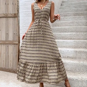 Women's Chinese wholesale clothing summer sleeveless geometric vacation print beach casual dress 2025