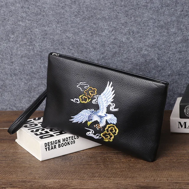 Genuine Top Grain Cowhide Leather Men's Clutch Soft Handheld Pouch Bag with Polyester Lining Fashionable Handbag