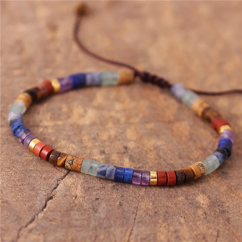 Boho 7 Chakra Rainbow 4mm Natural Stone Beads Dainty Bracelet Ethnic