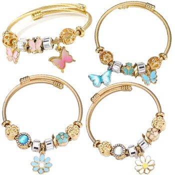 Fashion Stainless Steel Bracelets For Women Copper Rhinestone Beads Flower Butterfly Charms Bracelet