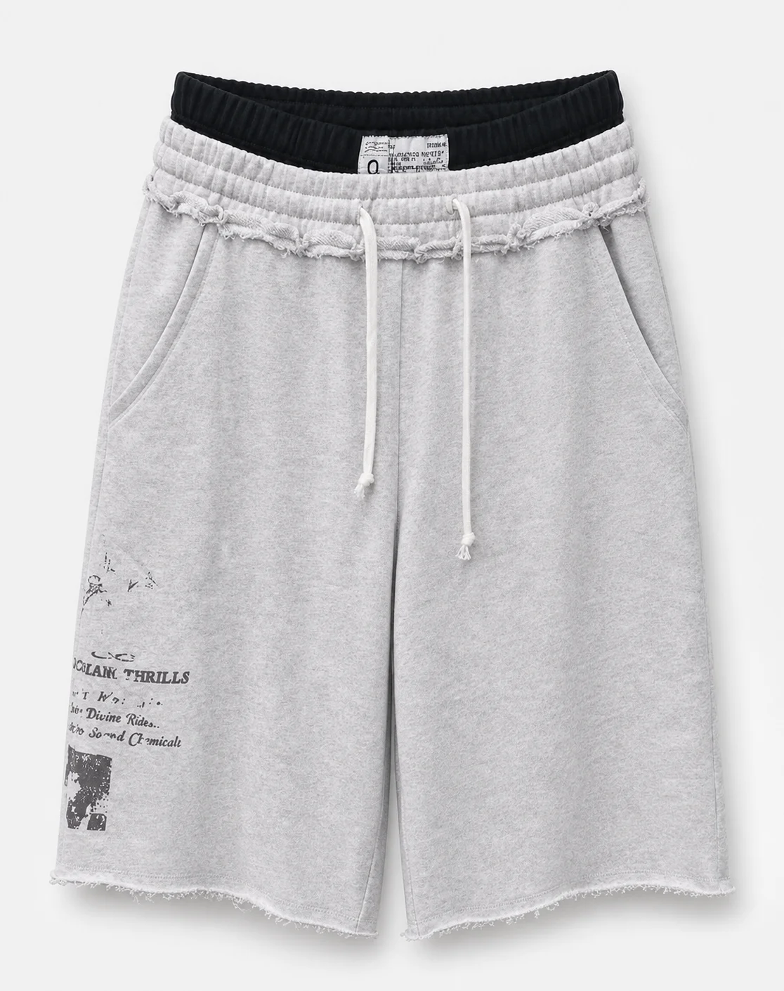 Wholesale Custom Logo Gray Cotton Double Waistband Baggy Drawstring Raw Hem Streetwear Knee Length Casual Men Sweat Shorts