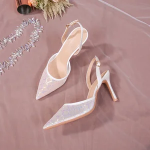 QuiteS 2026 Hot High-Heeled Square Bead Embroidery French Lace White Front Back Straps Sparkling Wedding Sandals Luxury Shoes