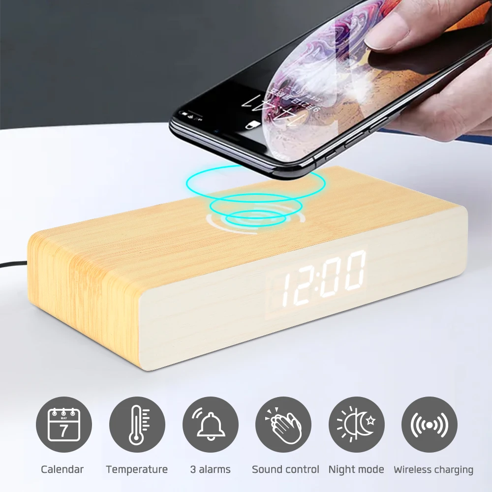 Деревянная Беспроводная деревянная зарядка будильника Led Qi Быстрая зарядка для телефона часы