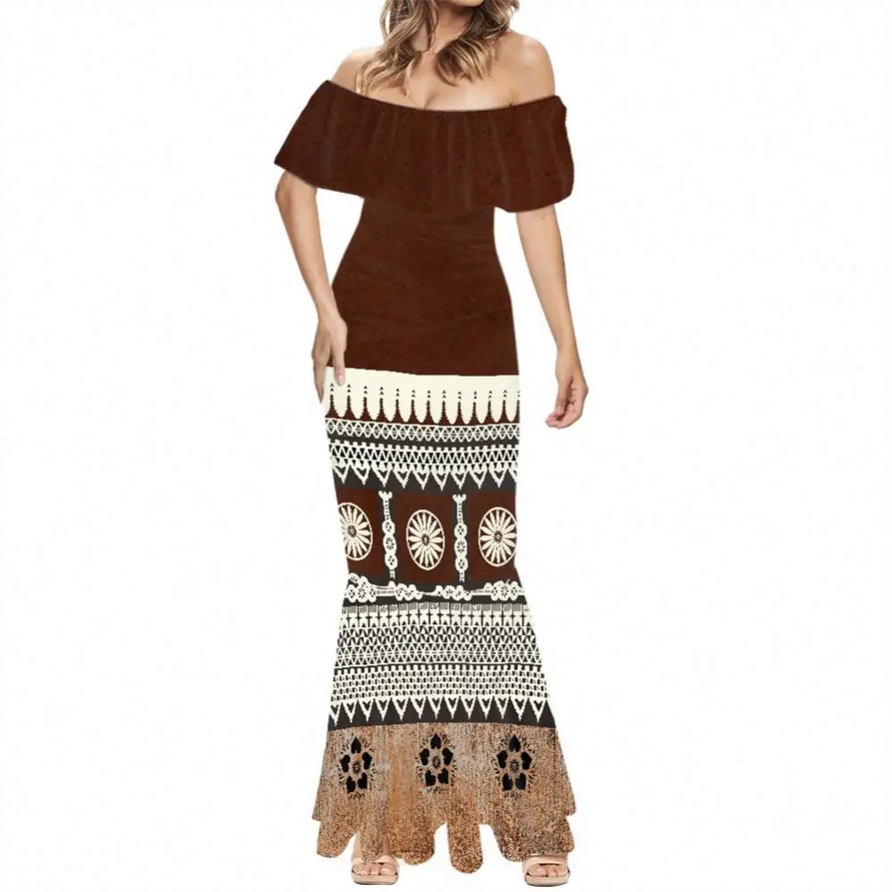 fitted lace wedding dress Samoa Teuila 2024 Mermaid Dress Samoan Siapo Pattern Brown Version main image 1