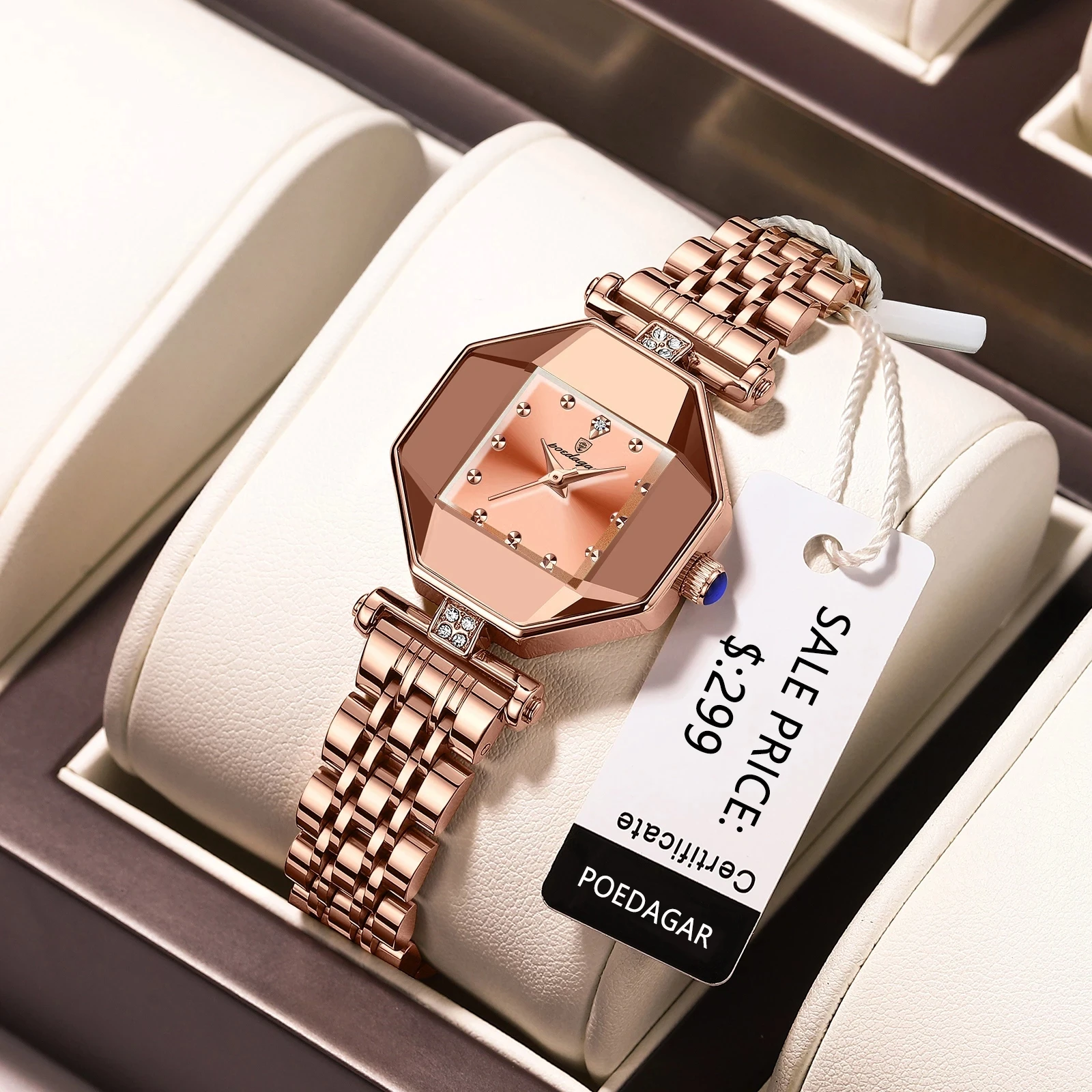 POEDAGAR Women's Quartz Watch - Green Dial & Diamonds