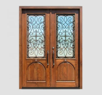 Tempered glass wrought iron double main entry doors wooden