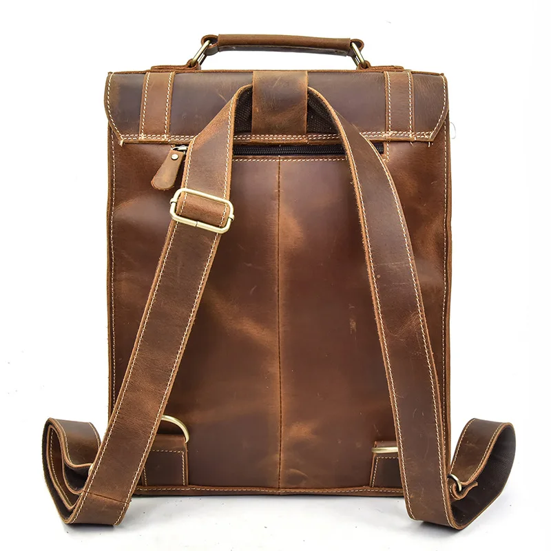 Quality No Label Multi Flap Backpack Vintage Brown Cowhide Leather Backpack for Men