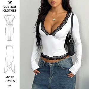 Sexy Lace Long Sleeve Shirts for Women V Neck Slim Fitted Y2K Trendy Fall Going Out Tops Clothing
