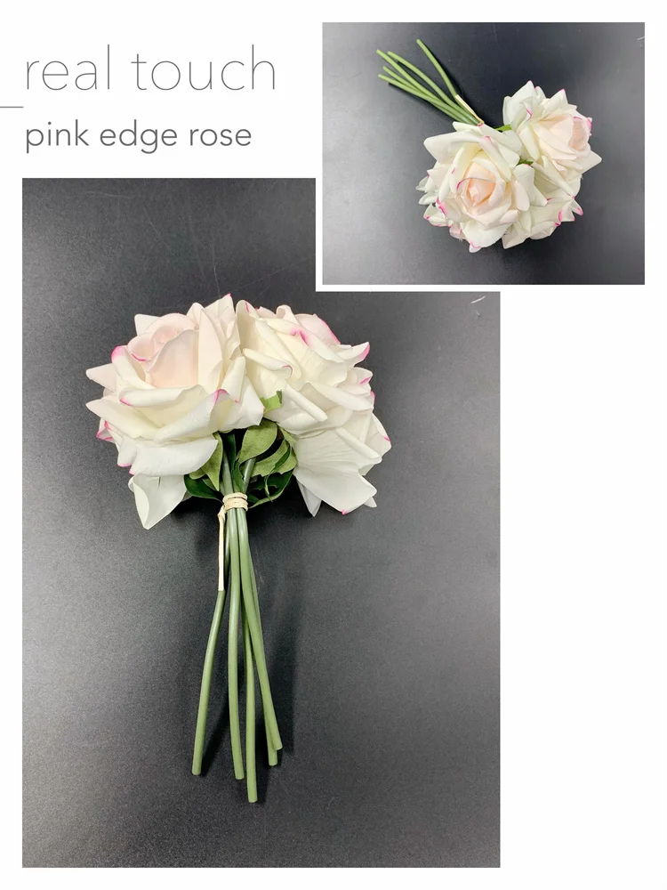 Qslh Ti92 5 Heads Roses Bouquet Artificial Flower Pink Edge Real Touch
