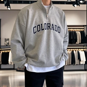 Factory Customized Logo Men's 1/4 Zip Stand Collar Oversize Sweatshirt  Zip Pullover Embroidered Fashion  Crewneck Sweatshirt