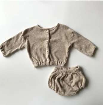 Spring Ins Japanese-Style Unisex Two-Piece Set Solid Pattern Children's Knit Cardigan Tops Shorts Fall Casual Baby Suit