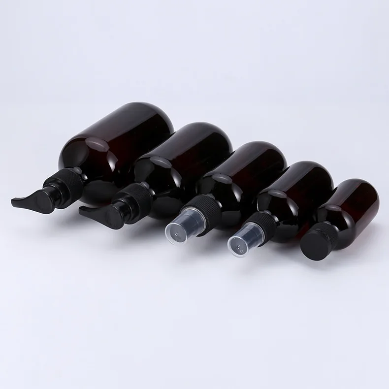 Long Neck 100ml 200ml 500ml Amber PET Plastic Pump Bottles for Shampoo Lotion Face Masks Skin Care Serum