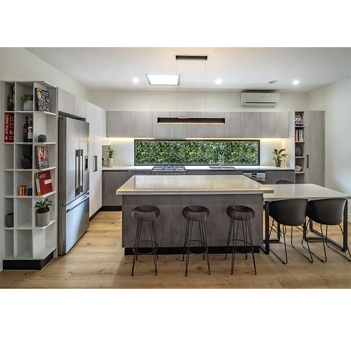 2020 Hangzhou Vermont Industry Wood Veneer LED light  Kitchen Interior Design with BIg Island Table