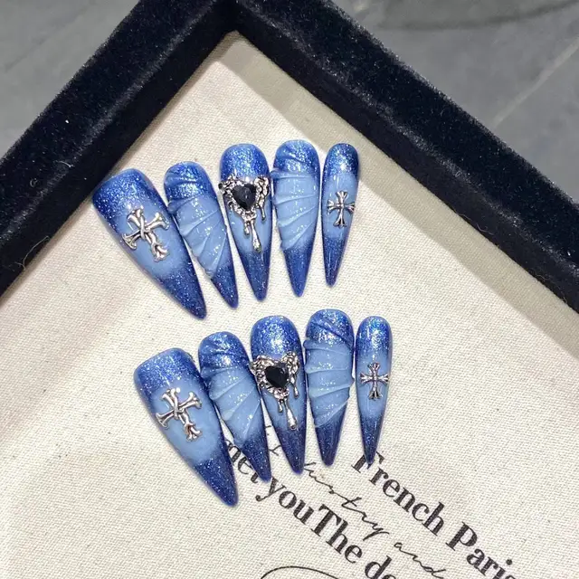 New 10Pcs False Nails Wearable Fake Nail Blue Ocean Heart  Design French Press on Nail Tips Full Cover Fingernails For Girl