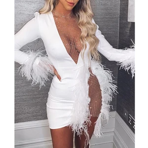 Long Sleeve Fashion Women Sequin Feather Trim Dress Wrap Club Night Out Dresses