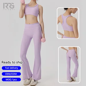 Roregal New Style Racerback Back Yoga Color-Block  Ribbed Crop Top and Flared Leggings  2pcs Set Yoga Set
