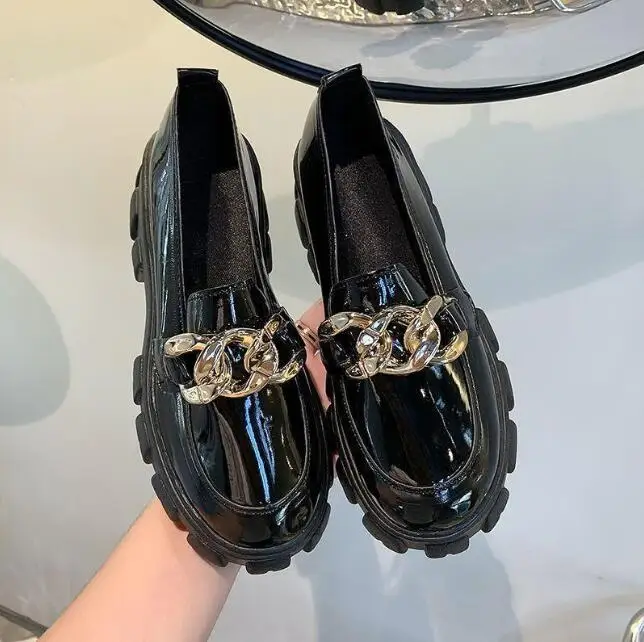 New Metal Decoration Solid Black Round Toe Loafer Outdoor Thick Heels ...