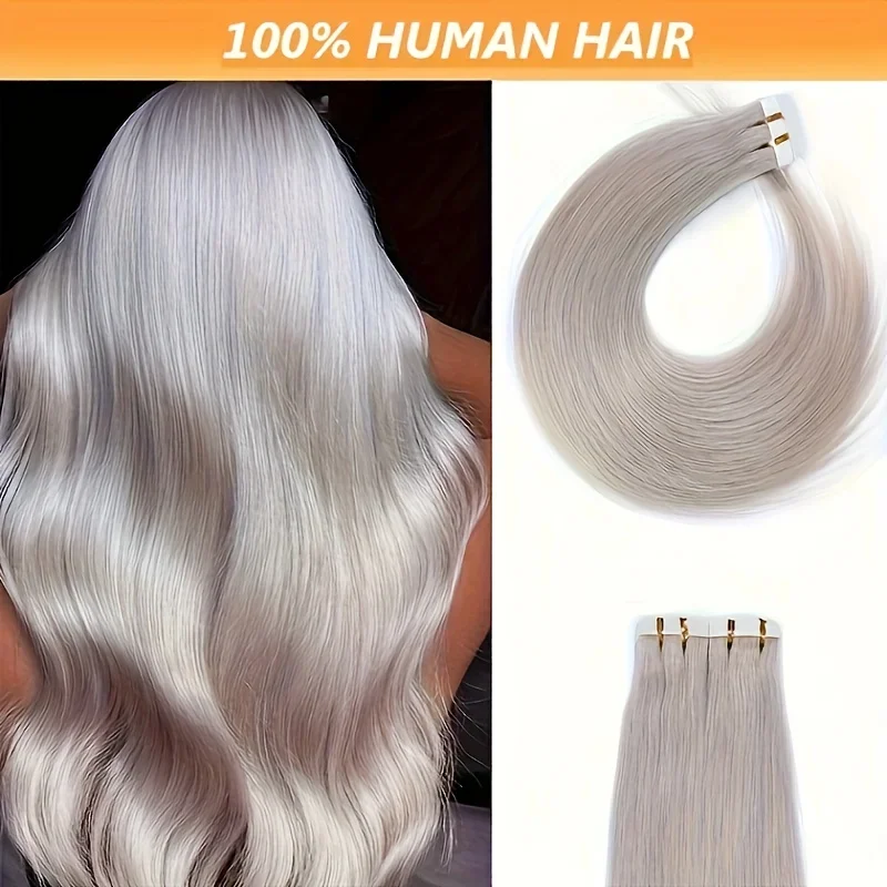 Estensioni nastro grigio argento Remy capelli umani trama di pelle senza soluzione di continuità_voghion.com