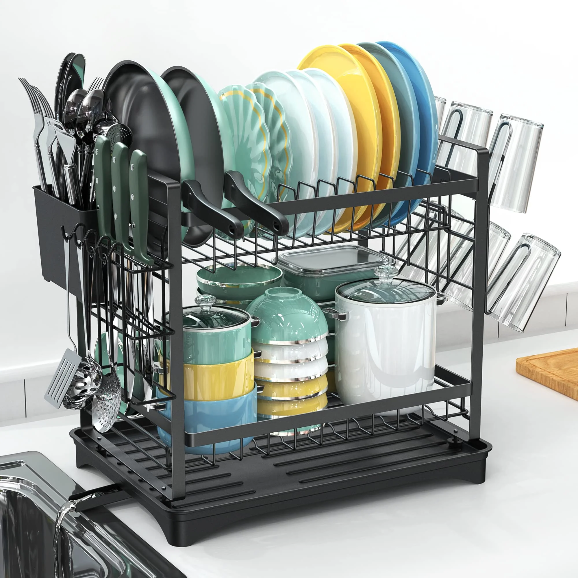 1 Set 2/3 Tiers Dish Drying Rack, Dish Rack With Drainboard, Kitchen Dish  Rack Drainboard Set, Large Rust-Proof Dish Drainer With Utensil Holder, Cutt