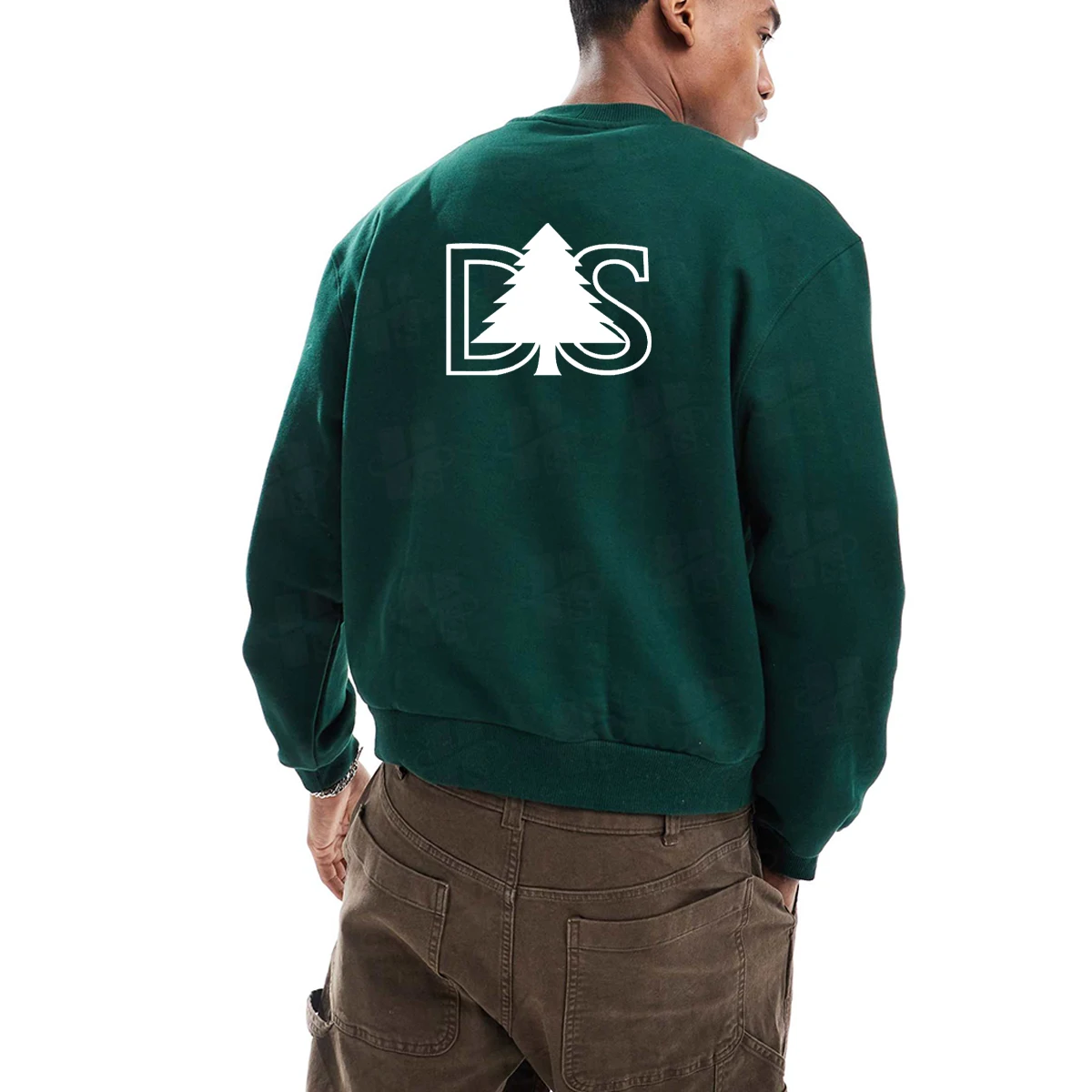 430gsm Mens Cotton Sweatshirt With Triangle Rib Panel Neckline Loose Fit Crewneck Streetwear Top