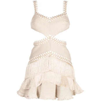 2025 Elegant Ladies Tailored Summer Fit V Neck Sleeveless Dress Casual Mini Dress Luxury Metal Cutout Tassel Dress