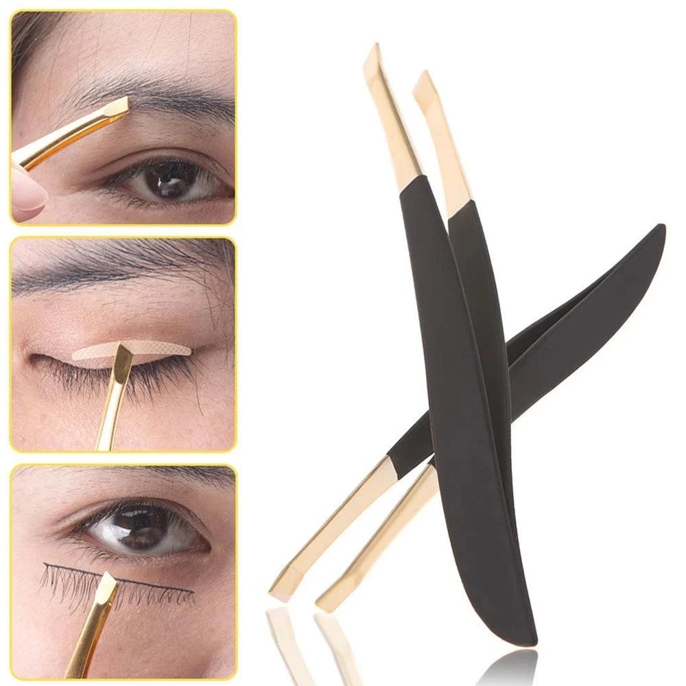 Whole sale Hair Removal Makeup Tool Golden Head Slanted Stainless Steel Tweezer Trimmer Eyelash Clip Eyebrow Tweezer