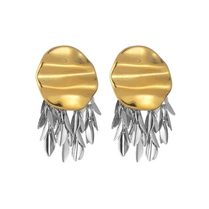 YUKAM Stainless Steel 18K Gold Plated Irregular Tassel Earring Exaggerated Two Tones Uneven Texture Fold Fashion Dangle Earrings