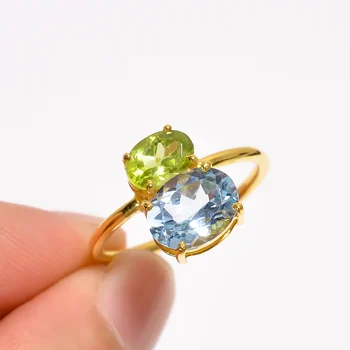 Natural Blue Topaz Peridot Gemstone 925 Sterling Silver Jewelry 18K Gold Vermeil Engagement Band Birth Stone Women Ring SKR-266
