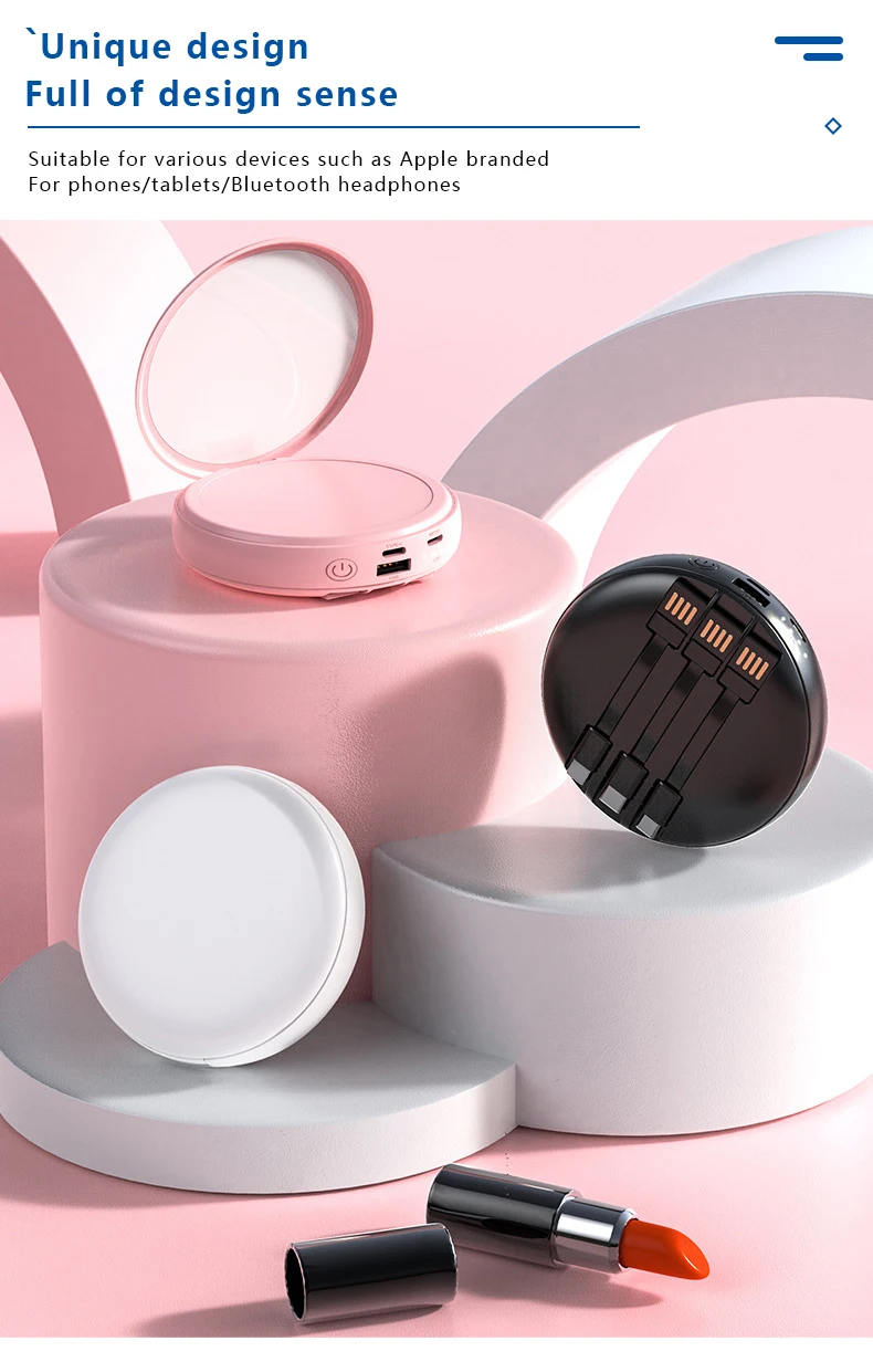 2024 Portable Lady Makeup Mirror Power Bank Mini 20000mah With Three
