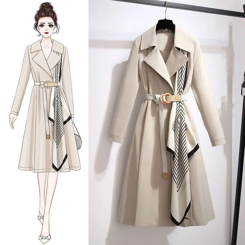 Elegant Office Lady New Style Spring Women's Trench Coat British-Style Lapel with Thin Belt and Scarves Casual Wind Coat