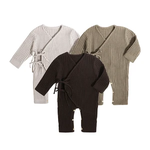Customized Logo Toddler Onesie Autumn Winter Solid Color Pure Cotton Knitted Baby Romper with Button