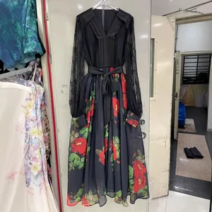 Own Factory Accept Customization Elegant Long Party Dress Women V-Neck Flower Printed Pleated Gown for Women Banquet Party
