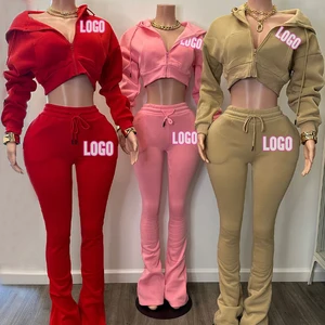 Huili Manufacturer High Quality Zip up Crop Hoodie & Slim Fit Flare Pants Custom logo Two Piece Set Clothing Women Hoodie Set