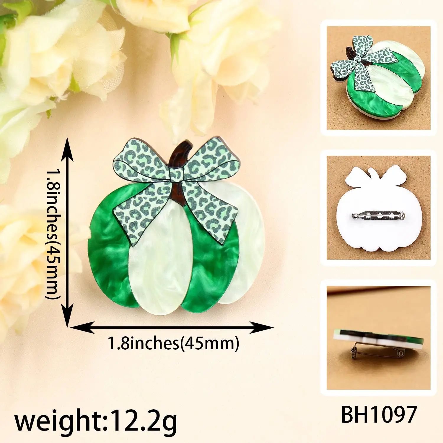 YYXBH1097 High Quality Leopard Print Acrylic Brooch Green Pumpkin UV Laser Cutting Synthetic Jewelry for Children's Engagement factory