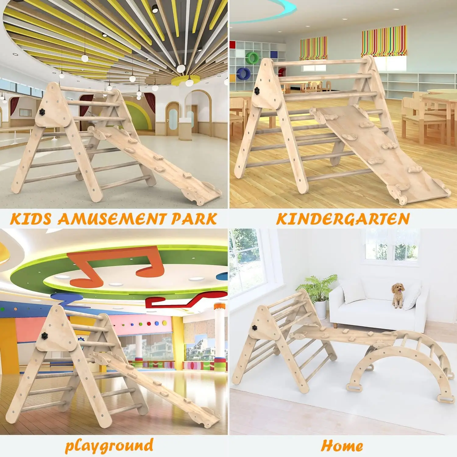 Climbing Triangle Set with Ramp Indoor 3 in 1 Wooden Kids Triangle Children Climbing Frame with Ladder