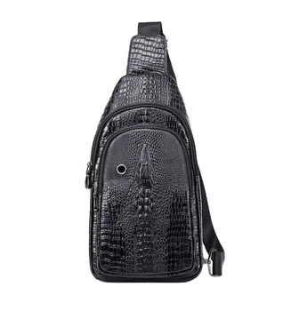 Men's genuine leather crocodile pattern chest bag with headphone jack men's shoulder bags cross body sling leather chest bag