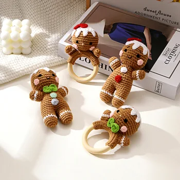 Handmade Christmas Crochet Gingerbread Man Animal Rattle Knitted Cartoon Doll for Baby Soothing and Chewable Novelty Gifts