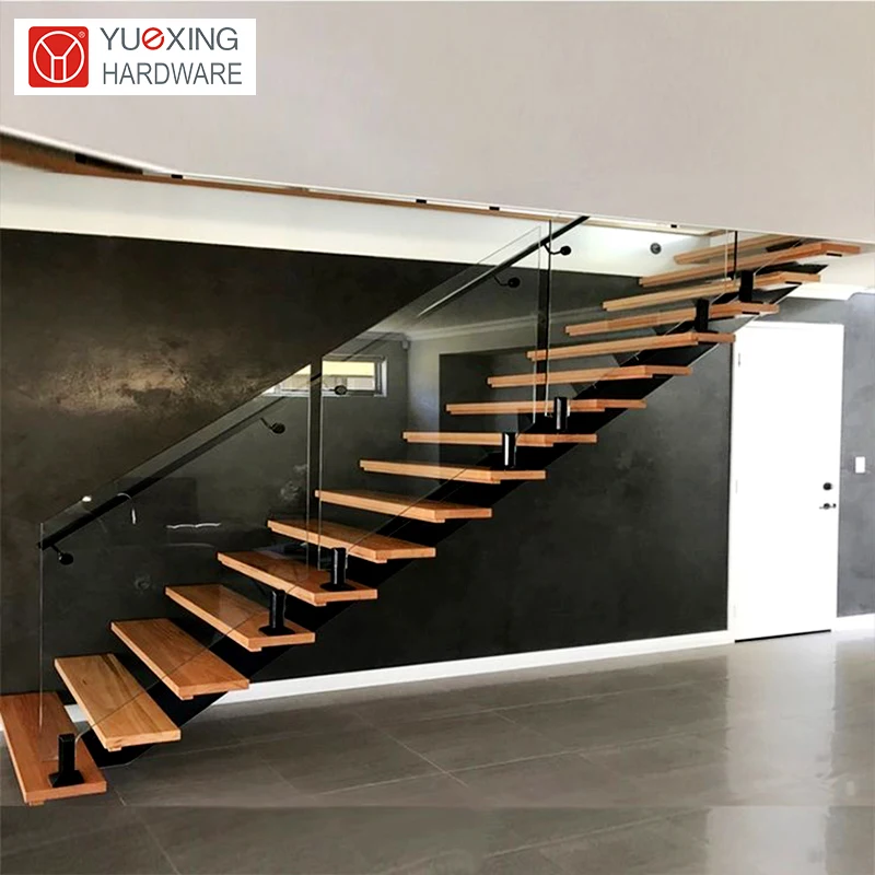 Modern Wood Tread Single Stringer Staircase High Quality Indoor Glass Step Straight Stairs