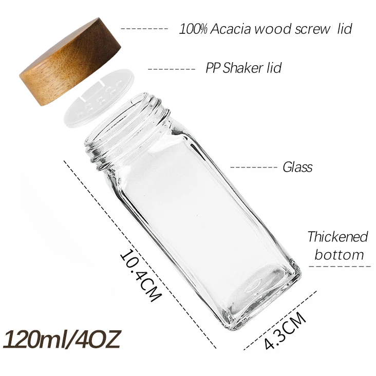 24 Pcs Clear Glass Empty Square Spice Bottle Jars With Bamboo Wooden ...