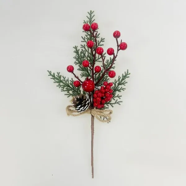 Yiwu Factory Direct 31cm Christmas Tree Decor Picks Red Berry Pine Cone Christmas Decorations Wholesale