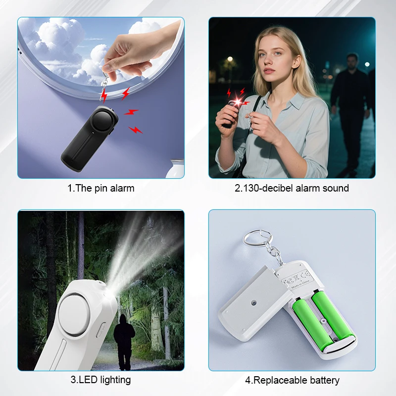 Portable 130 DB Loud Sound Personal Alarm Anti-Theft Security Device with LED Light Flashlight and Keychain