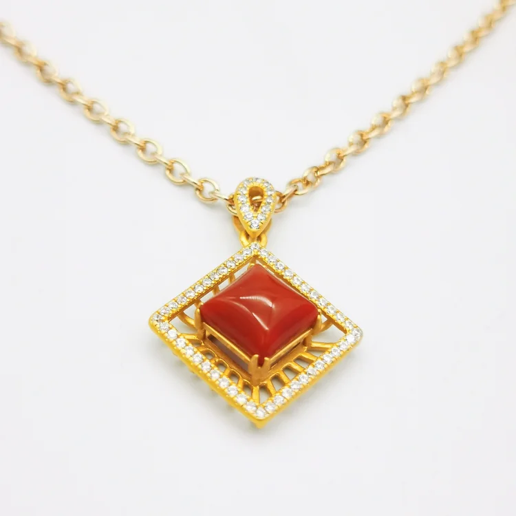 Wholesale sterling silver fashion Southern red agate gold Plated jade stone Square convex pendant necklace with chain